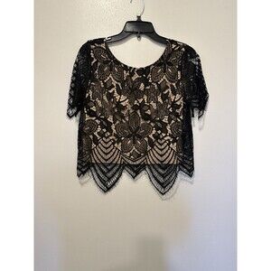 Express Women's Black Lace Floral Cropped Short Sleeve Blouse, Size S